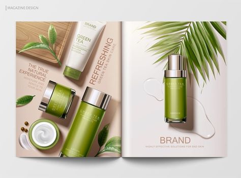 Green Tea Product, Product Magazine, Tea Skincare, Green Tea Skin Care, Catalog Design Layout, Tea Product, Beauty Products Labels, Digital Wedding Invitations Templates, Brochure Design Creative