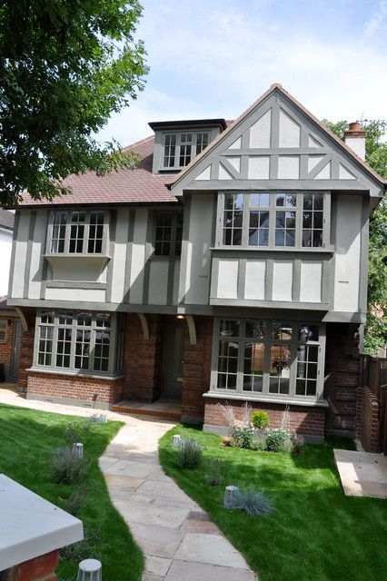 1920s House Exterior, London House Exterior, Tudor Exterior Paint, Modern Tudor House Exterior, Pub Exterior, Brown Brick Exterior, Bavarian Castle, Tudor Exterior, Vancouver Special