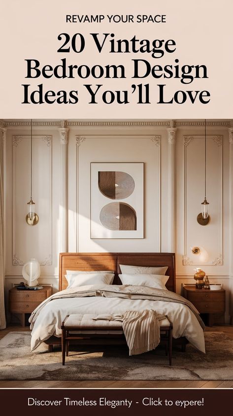 Classic Meets Modern: 20 Vintage Bedroom Ideas to Refresh Your Space   Infuse your bedroom with classic elegance using these 20 vintage design ideas. Achieve a flawless balance of old-world allure and modern sophistication. Get inspired and transform today! #ClassicDesign #VintageRefresh Chic Primary Bedroom, Minimalist Vintage Bedroom, Vintage Bedroom Design, Distressed Wood Floors, Japanese Bedroom Design, Reclaimed Wood Bed Frame, Vintage Bedroom Ideas, Minimalist Nightstand, Japanese Bedroom