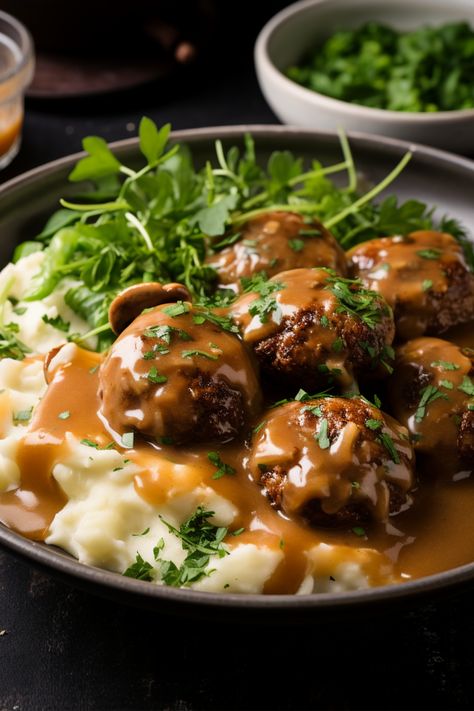 Indulge in a healthy and hearty meal with our Gluten-Free Salisbury Steak Meatballs with Mushroom Gravy. Perfect for the Whole Health Flexi-Plan diet, this dish blends rich flavors and nutritious ingredients. The tender meatballs and savory mushroom gravy offer a delightful eating experience while adhering to gluten-free dietary needs. The Ultimate Salisbury Steak Meatballs With Mushroom Gravy, Hearty Gluten Free Meals, Gluten Free Meatballs And Gravy, Meatballs Mushroom Gravy, Meatballs In Mushroom Sauce, Gluten Free Ground Beef Recipes, Gluten Free Meatballs Recipe, Meatballs With Mushroom Gravy, October Recipes