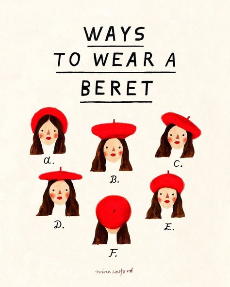 Beret Drawing, Nina Cosford, Gallery Wall Artwork, Cute Beret, Chanel Book, French Hat, Draw Logo, Paris Books, Beret Style