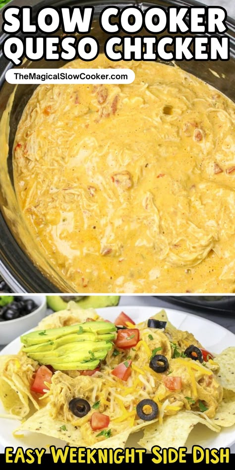 Classic pantry favorites come together to create a queso chicken that you and your family will enjoy. This recipe has all the Mexican flavors of taco seasoning, Rotel, and salsa con queso. Whether you're looking for an easy weeknight meal or a dish for game day, you'll want to add this to your meal plan! - The Magical Slow Cooker Crock Pot Mexican Recipes, Slow Cooker Queso Chicken, Crockpot Tacos, Slow Cooker Queso, Queso Chicken, Mexican Main Dishes, Crockpot Dump Recipes, Quick Cheap Meals, Magical Slow Cooker