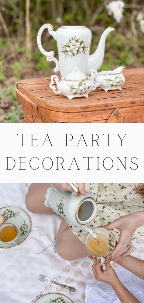 Enjoy a backyard vintage tea party with kids or invite your friends over for an adult tea party picnic with these simple tea party decoration ideas. These easy ideas will make any kind of afternoon tea special. Bring a floral arrangement, cake stands, picnic baskets, old trays, linens, and food. Using a pastel color scheme for the perfect outdoor spot of tea. Grab thrift stores china to create a victorian or shabby chic event. Party Picnic Ideas, Picnic Ideas For Kids, Diy Tea Set, Vintage Tea Party Decorations, Simple Tea Party, Rustic Tea Party, Outdoor Tea Party, Tea Party Picnic, Yea Party