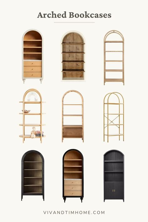 arched bookcase Arch Shelves, Midcentury Bookshelf, Arched Bookcases, Arched Bookshelves, Arch Furniture, Arched Bookshelf, Arched Bookcase, In Home Library, Create Character