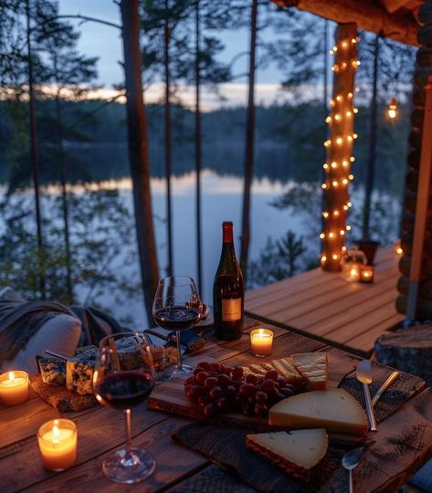 Cozy Romantic Aesthetic, Cabin Romantic, Cabin Romance Aesthetic, Cabin Date Night Ideas, Wine Romantic Night, Romantic Lake Date, Romantic Wine Night Couple, Winter Cabin Honeymoon, Honeymoon Cabin Romantic