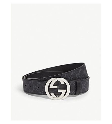 GUCCI Supreme leather belt. #gucci Black Supreme, Belt Gucci, Canvas Belt, Designer Belts, Gucci Black, Black Belt, Waist Belt, Black Grey, Leather Trims