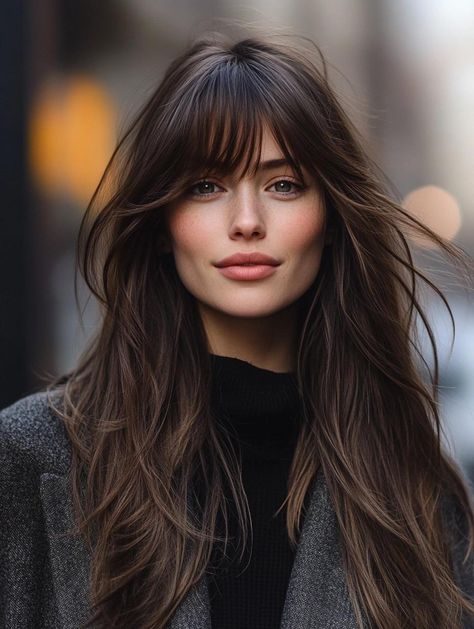 Effortless Elegance with Long Layers and Curtain Bangs for Every Hair Texture Fringe Long Layered Hair, Medium Brown Hair Curtain Bangs, Curtain Layers Hair, Chocolate Brown Hair With Layers And Curtain Bangs, Straight Long Hair With Curtain Bangs, Curtain Bangs Widows Peak Hair, Curtain Bangs Long Hair Balayage, Long Elegant Hair, Bangs With Long Layered Hair