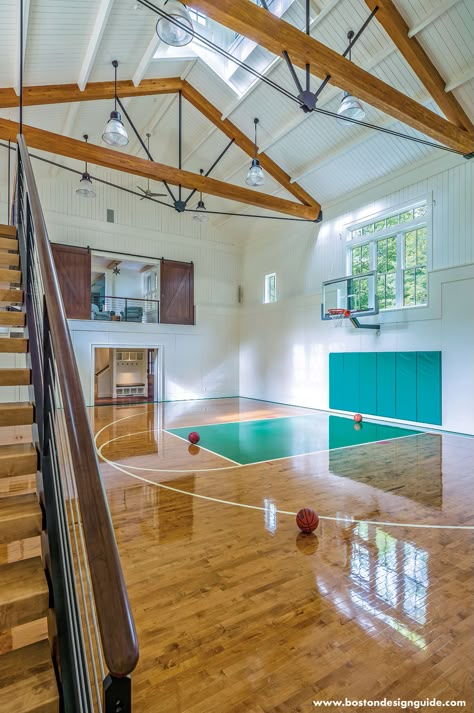 Home Court Advantage: Indoor Hoops! | Boston Design Guide Home Basketball Court, Sports Court, Basketball Room, Indoor Basketball Court, Indoor Basketball, Basketball Courts, Barndominium Floor Plans, Dream Life House, Sport Court