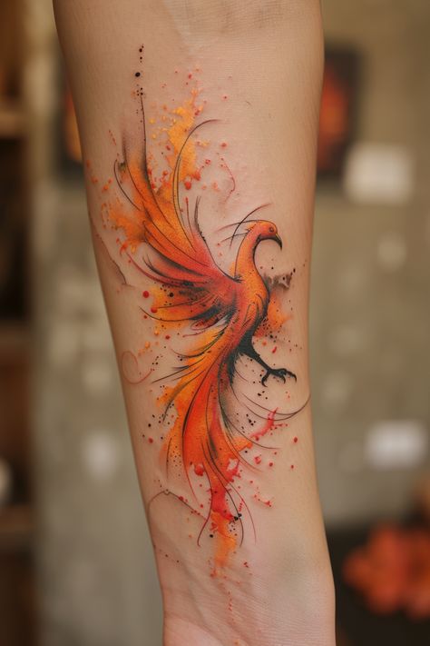 Colorful Tattoo - Traditional Tattoos - Special Meaningful Tattoo - Dreamy Designs - The Most Beautiful Tattoo - Magical Moments  - Tattoo Designs Drawings #TattooDrawings #TattooRealistic #TattooDesigns Phoenix Tattoo With Color, Color Phoenix Tattoo, Phoenix Tattoo Feminine Colorful, Fire Phoenix Tattoo Feminine, Phoenix Tattoo Color, Phenix Birds Tattoo, Fine Line Phoenix Tattoo, Watercolor Phoenix Tattoo, Phoenix Bird Tattoos