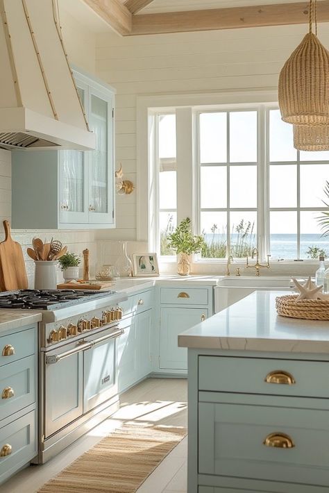 Colorful Beach Kitchen, Beachy Kitchen Decor, Beach House Interior Kitchen, Colored Countertops, Small Beach House Kitchen, Beachy Kitchen Ideas, Beach House Kitchen Ideas, Butcher Block Islands, Beach Kitchen Ideas