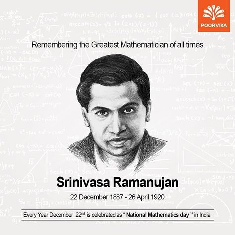 National Mathematics Day is celebrated today across our nation to mark the birth anniversary of Mathematical Genius Srinivasa Ramanujan.   #ManWhoKnewInfinity #PoorvikaMobiles  #NationalMathematicsDay #SrinivasaRamanujan #maths Ramanujan Mathematics Birthday, National Mathematics Day, Srinivasa Ramanujan, Mathematics Day, National Science Day, Maths Day, International Days, Powerful Inspirational Quotes, History Facts Interesting