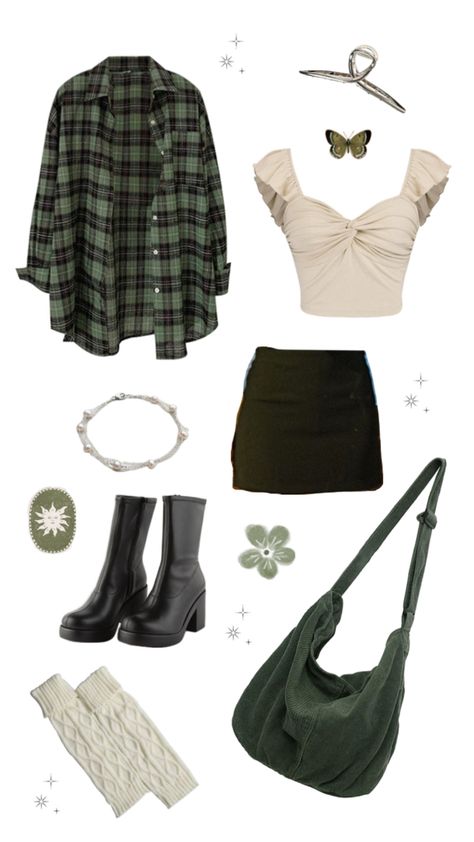 flannel and black skirt simple outfit Flannel With Skirt, Fall Black Skirt, Green Flannel Outfit, Outfit With Skirt, Flannel Outfit, Fall Green, Flannel Outfits, Green Flannel, Oversized Flannel