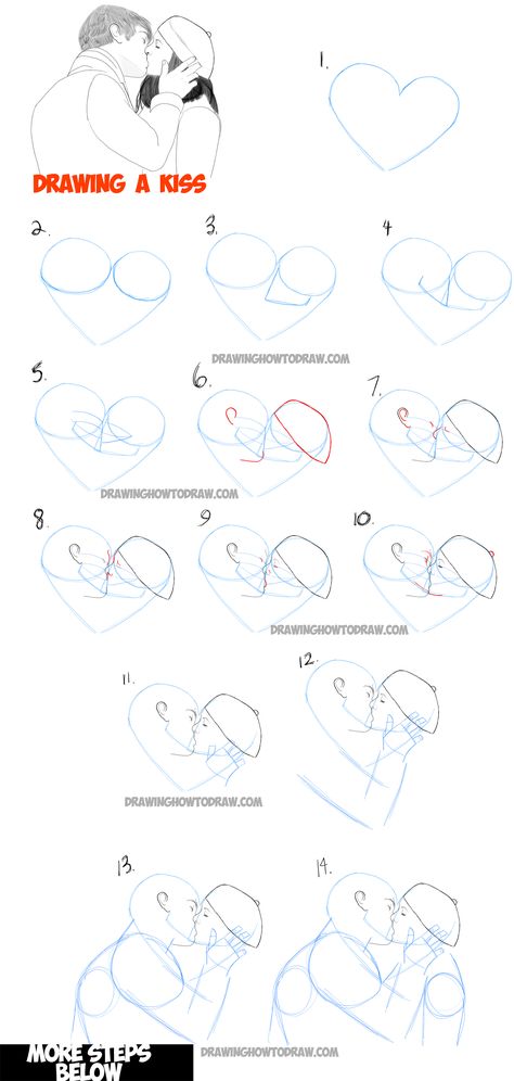 Learn How to Draw Romantic Kisses : Kissing Couples - Step by Step Drawing Tutorial                                                                                                                                                                                 More 2 People Kissing, Drawing Kisses, 3d Drawing Techniques, Couples Drawing, Kissing Drawing, Faces Drawing, People Kissing, Realistic Eyes, Drawing Designs