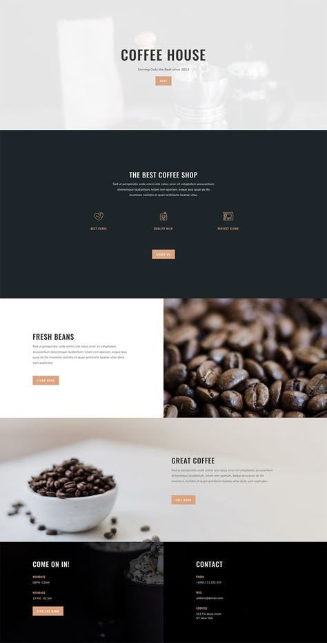 Get this tasty home page for coffee shops today as part of our free Divi Layout Pack for Coffee Shops!  Free download: https://www.elegantthemes.com/blog/divi-resources/download-a-tasty-free-coffee-shop-layout-pack-for-divi?utm_campaign=coschedule&utm_source=pinterest&utm_medium=Elegant%20Themes&utm_content=Download%20a%20Tasty%20and%20Free%20Coffee%20Shop%20Layout%20Pack%20for%20Divi Drink Themes, Coffee Web Design, Coffee Shop Layout, Coffee Websites, Cafe Website Design, Coffee Shop Website, Shop Website Design, Web Layout Inspiration, Coffee Site