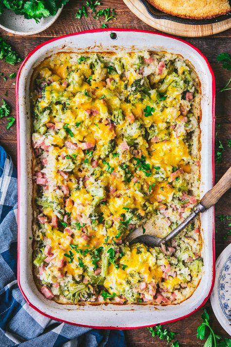 With just 5 minutes of prep, this dump-and-bake ham, broccoli, cheddar, and rice casserole is an easy dinner that cooks in one dish! There’s no need to pre-cook the rice or the veggies -- just stir everything together and pop it in the oven. Bake Ham, Leftover Ham Casserole, Cheesy Ham Casserole, Ham Broccoli, Ham Casserole Recipes, Chicken Broccoli Rice Casserole, Cheesy Ham, Ham Casserole, Leftover Ham Recipes