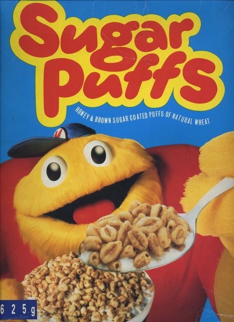 Sugar Puffs ©1991 Quaker Oats Limited UK Cereal Box Graphic Design, Aesthetic Cereal Box, 90s Cereal, Uk Breakfast, Cereal Mascots, Cereal Party, Honey Puffs, Retro Cereal Boxes, Childhood Food