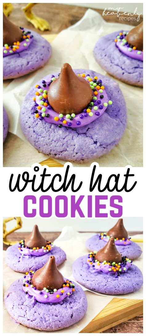 witch hat cookies Purple Witch Hat Cookies, Purple Halloween Cookies, Easy Halloween Party Dessert, Witches Brew Cocktail, Halloween Themed Cookies, Halloween Party Desserts, Purple Cookies, Cookies With Sprinkles, Witch Hat Cookies