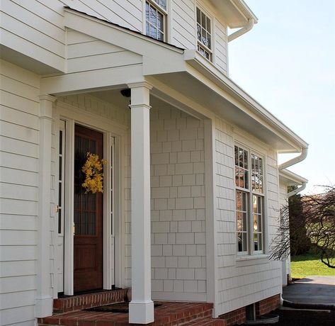 Shaker Siding Exterior With Brick, White Vinyl Siding House Curb Appeal, Vinyl Shingle Siding Exterior, White Shake Siding Exterior, James Hardie Statement Collection, White Shaker Siding Exterior, Hardy Plank Siding Exterior, White Shingle House Exterior, Shaker House Exterior