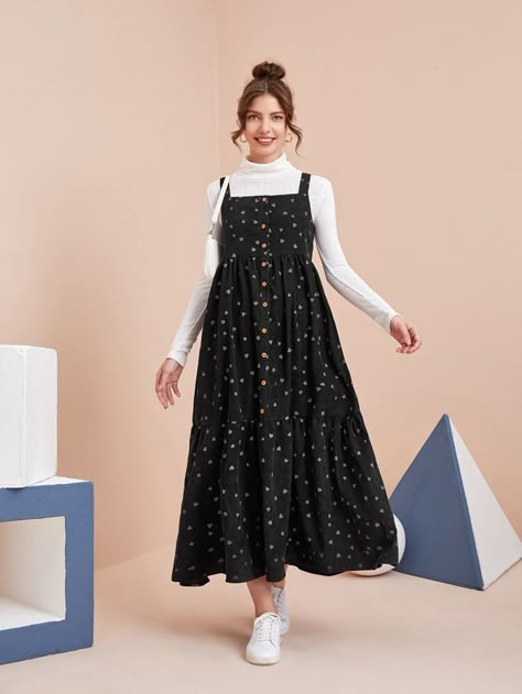 Free Returns ✓ Free Shipping On Orders $49+ ✓. Corduroy Heart Button Front Ruffle Hem Dress Without Tee- Women Dresses at SHEIN. Fashion Top Outfits, Modest Dresses Casual, Trendy Dress Outfits, Everyday Fashion Outfits, Casual Day Outfits, Muslim Fashion Outfits, Quick Outfits, Heart Button, Fashionista Clothes