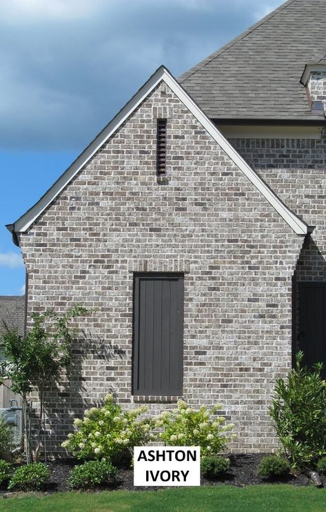 Gray Siding With Brick Exterior, Brown Brick Farmhouse Exterior, White And Grey Brick House Exterior, Grey Brick Homes Exterior, Exterior House Brick Colors, Stone Brick Exterior House, Gray Brick And Stone House Exterior, New Brick House Exterior, Exterior Brick Colors For House