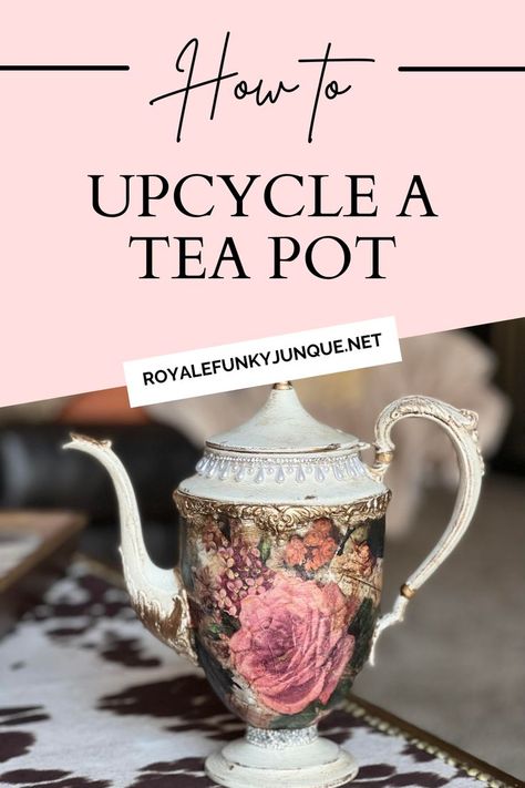 New On the Blog: Re-create this Upcycled Tea Pot. Spring DIY, Spring, Easter, Decoupage, Trash to Treasure Tea Pot Upcycle, Silver Tea Pot Repurposed, Upcycle Teapot, Painted Silver Teapots, Upcycled Teapots, Silver Tea Set Repurposed, Things To Decoupage, Altered Teapots, Tea Party Drinks