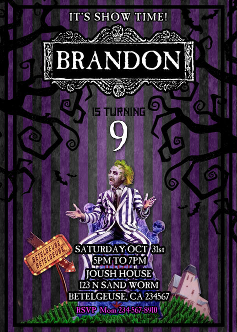 Beetlejuice birthday invitation!

Your party guests will go loco for this Beetlejuice birthday invitation! Featuring the one and only Beetlejuice himself, it's sure to give the party a wickedly fun vibe! (Just don't say his name three times!)
Bettlejuice, Bettlejuice....Bettlejuice! Tim Burton Invitations, Beetlejuice Invitations, Beetlejuice Birthday Invitations, Beetle Juice Movie Poster, Beetlejuice Musical Poster, Birthday Invitations Kids, Party Guests, Beetlejuice, Kids Birthday