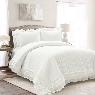 Read reviews and buy Lush Décor 3pc King Ella Ruffle Duvet Bedding Set White: Cotton Material, Machine Washable, No Fill at Target. Choose from contactless Same Day Delivery, Drive Up and more. Princess Ruffle Bedding, Love Shack Fancy Bed Sheets, White Textured Bedding, White Bed Comforter, Kd Sorority, White Bed Comforters, White Ruffle Comforter, White Comforter Bedroom, White Fluffy Bedding