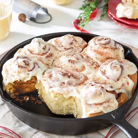 eggnog Paula Deen Magazine Eggnog Cinnamon Rolls, Cooked Egg Nog, Creamy Eggnog, Breakfast Rolls, Active Dry Yeast, Eggnog Recipe, Cast Iron Recipes, Sweet Rolls, Winter Morning