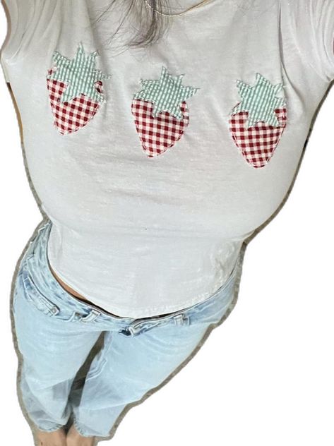 White baby tee with strawberry and gingham pattern... - Depop Diy 4th Of July Shirts Patchwork, Patchwork On Hoodie, Homemade Shirts Ideas Diy, Diy Baby Tee Ideas, Patchwork Tee Shirt, Patchwork Baby Tee, Patchwork Tops Ideas, Diy Baby Tee, Patchwork Top Diy