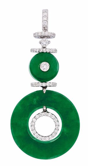 A Jadeite and Diamond Pendant Suspending a jadeite 'bi' disc measuring 20.1 mm x 9.6 mm x 4.3 mm, from a smaller jadeite disc and accented with round diamonds, mounted in 18k white gold Jade Jewelry Design, 15 January, Gemstones Jewelry, Minerals And Gemstones, Unique Jewelry Designs, Jade Jewelry, Girly Jewelry, Enamel Jewelry, Exquisite Jewelry