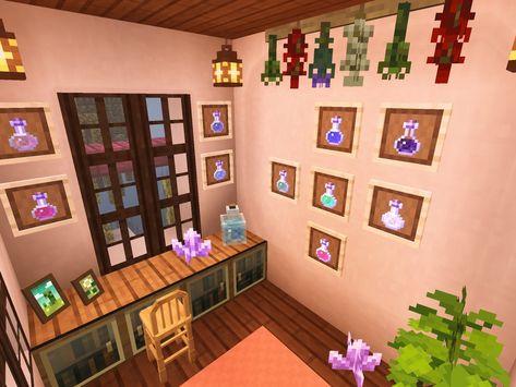 Minecraft Potion Hut Ideas, Minecraft Potion House Design, Mincraft Idea Potion Room, Minecraft Pottery Shop, Potion Building Minecraft, Potion Shop Minecraft Interior, Minecraft Potions Shop, Potion Area Minecraft, Wool Shop Minecraft