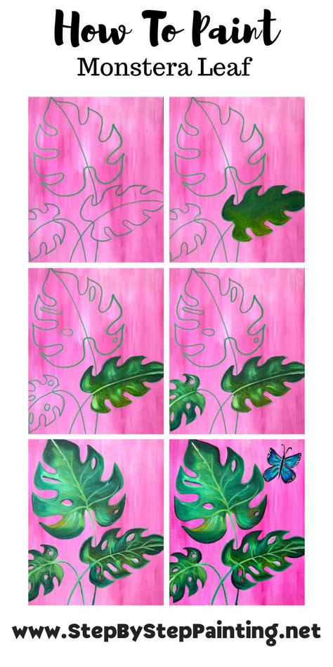 Monstera Leaf Aesthetic - Acrylic Painting Tutorial Jungle Theme Canvas Painting, Monstera Leaves Painting, How To Paint Monstera Leaf, Monstera Canvas Painting, Monstera Painting Acrylic Easy, Monstera Plant Painting Easy, Painting Monstera Leaves, Jungle Painting Acrylic Easy, Painting Ideas On Canvas Plants