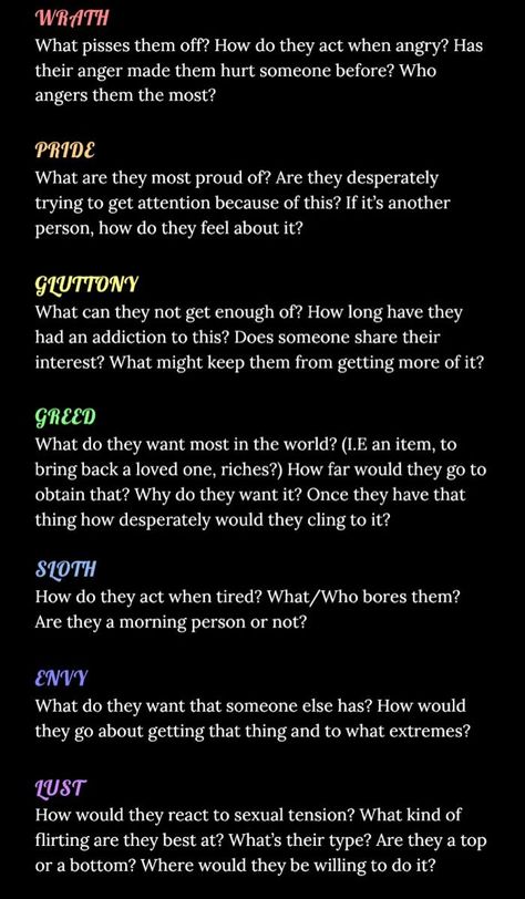 Motivational Writing Prompts, Seven Deadly Sins As Characters, What Are The Seven Deadly Sins, How To Write A Scene In A Book, Scene Prompts Creative Writing, Fantasy Creative Writing Prompts, How Many Characters Should Be In A Novel, Seven Deadly Sins Writing Prompt, Scenes For Writing