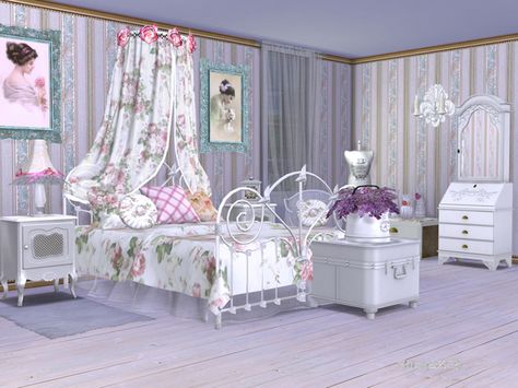 ShinoKCR's Shabby Chic Bedroom Sims 4 Shabby Chic, Teen Bedroom Sets, Sims 4 Beds, Flower Bedroom, Yellow Design, Adult Bedroom, Sims 4 Cc Furniture, Shabby Chic Bedroom, Shabby Chic Bedrooms