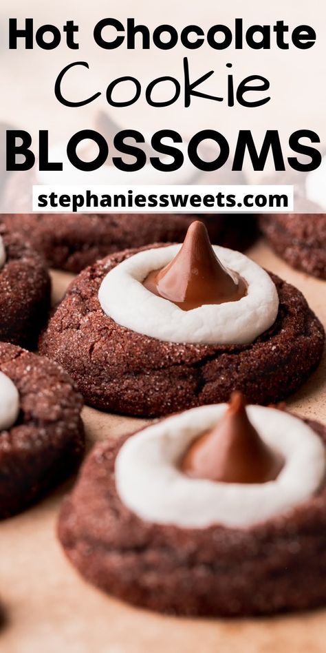 These fudgy hot chocolate cookie blossoms are perfect for the holidays. They are topped with a melty marshmallow and Hershey's Hot Cocoa Chocolate. Hot Cocoa Desserts, Easy Unique Cookie Recipes, Christmas Chocolate Cookies, Frozen Hot Chocolate Cookies, Oreo Christmas Cookies, Hot Chocolate Brownies Recipe, Cookie Blossoms, Blossoms Cookies, Top Christmas Cookies