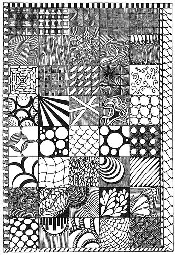 This pattern grid would make a great project as a precursor to a design project that included patterns. It's also a great way to "collect" patterns they see round them; maybe a journal idea. Invented Texture, Modele Zentangle, Arte Doodle, Texture Drawing, Tangle Doodle, Zentangle Designs, Tangle Art, Tangle Patterns, Zentangle Drawings