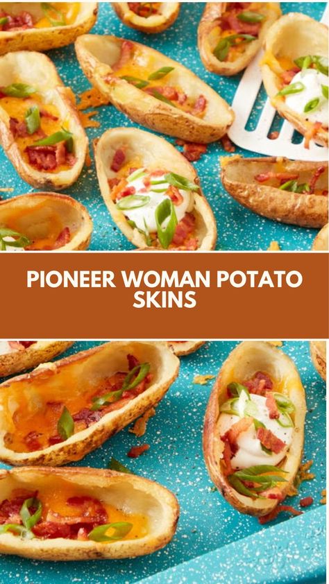 This easy and delicious Pioneer Woman Potato Skins recipe is a perfect appetizer or snack for any occasion. Crispy on the outside and creamy on the inside, these potato skins are topped with melted cheddar cheese, crispy bacon, and a dollop of sour cream. Customize with your favorite toppings for a tasty treat! Pioneer Woman Potato Skins, Pioneer Woman Recipes Appetizers, Pioneer Woman Potatoes, Potato Skins Appetizer, Pioneer Kitchen, Potato Skins Recipe, Baked Potato Skins, Potatoe Skins Recipe, Potato Skin