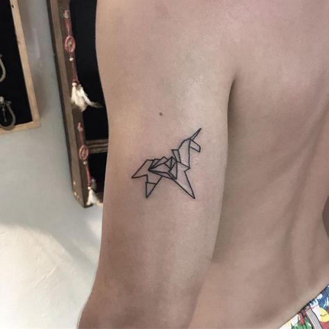 Techno Futurism, Origami Unicorn Tattoo, Blade Runner Tattoo, Perspective Tattoo, Perspective Tattoos, Runner Tattoo, Origami Unicorn, Unicorn Tattoo, Origami Book