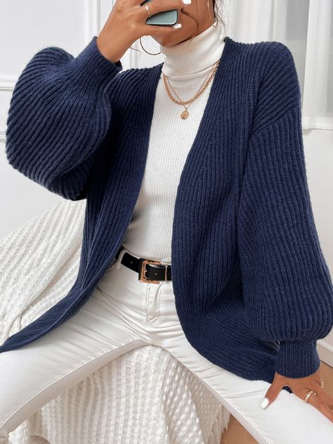 Navy Blue Casual  Long Sleeve Polyester Plain Coat  Slight Stretch Fall/Winter Women Knitwear Dark Blue Cardigan Outfit, Navy Blue Cardigan Outfit, Navy Blue Jacket Outfit, Navy Jacket Outfit, Navy Cardigan Outfit, Blue Cardigan Outfit, Blue Outfit Winter, Cardigan Outfit Aesthetic, Winter Cardigan Outfit