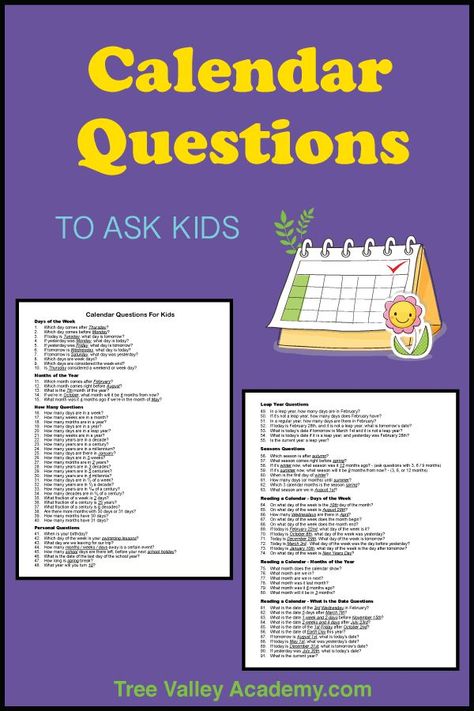 Over 90 calendar questions for kids to help them master the calendar skills taught in math in grades 1, 2, 3 & 4. A free printable copy also available. #math #calendar #grade2 #grade1 #grade3 #homeschooling #treevalleyacademy Calendar Questions, Questions To Ask Kids, Homeschooling Elementary, Calendar Skills, Calendar Worksheets, Questions For Kids, Calendar Activities, Calendar Math, Kids Help