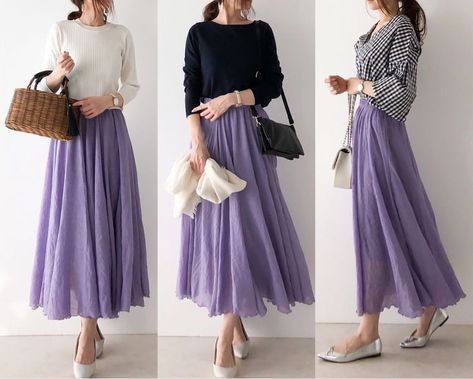 Lilac Wardrobe, Lavender Skirt Outfit, Lilac Outfits, Purple Skirt Outfit, Lavender Outfit, Classy Skirts, Minimal Dress, Color Combos Outfit, Fashion Sketches Dresses