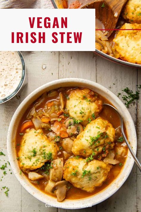 Rich stout beer is the key to creating an intensely flavorful, and totally delicious batch of vegan Irish stew! Top it all off with some fluffy herbed dumplings and you're in vegan comfort food heaven. Herbed Dumplings, Vegan Irish Stew, Vegan Stew Recipes, Delish Dinners, Le Crueset, Irish Cooking, Vegan Entrees, Breakfast Vegan, Vegan Stew