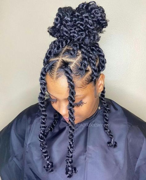 Bun Updo for Passion Twists Easy Twist Hairstyles Black Women, Two Strand Twist With Added Hair, Easy Braid Hairstyles For Black Women, Short Twists For Black Women, Twist Braids With Curls, Passion Twists Short, Shoulder Length Passion Twists, Short Passion Twists Hairstyle, Jumbo Passion Twists