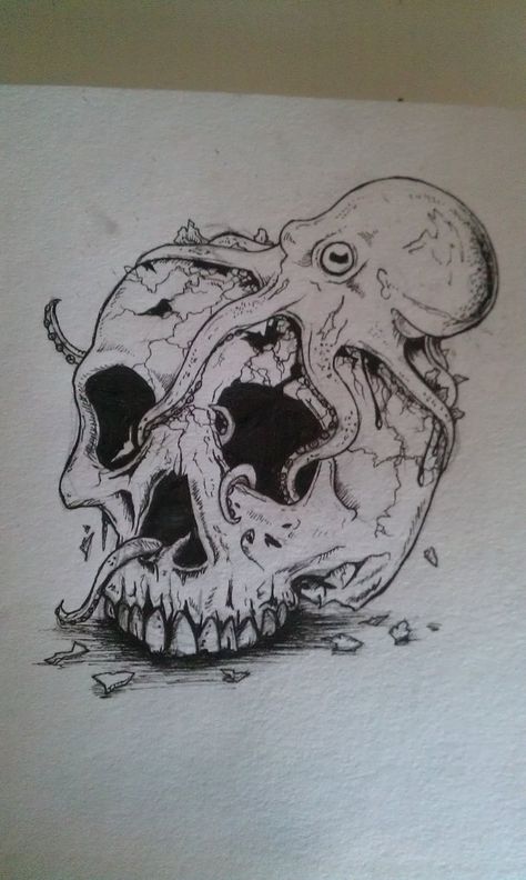 Octopus And Skull Drawing, Skull Octopus Drawing, Skull With Octopus Tattoo, Skull And Octopus Tattoo, Underwater Skull Tattoo, Octopus Drawing Sketches, Skull Octopus Tattoo, Octopus Skull Tattoo, Skull With Octopus