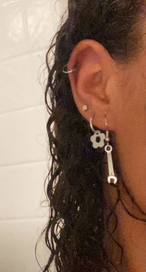 Silver Earring Stack, Back Aesthetic, Dream Items, Earring Stack, Double Piercing, Cute Ear Piercings, Cute Piercings, Slick Back, Stacked Earrings