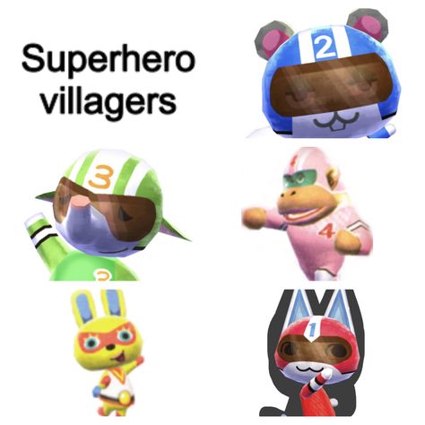 superhero villagers: agent s, rocket, mira, big top, and kid cat Big Top Animal Crossing, Acnh Themes, Animal Crossing Memes, Acnh Designs, Big Top, Funny Animal, Animal Crossing, Rocket, Funny Animals