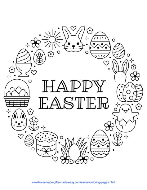 Easter Coloring Pages | wreath with chick, rabbit, eggs, cake, and Happy Easter message Lent Ideas, Free Easter Coloring Pages, Happy Easter Messages, Easter Coloring Sheets, Easter Worksheets, Easter Egg Coloring Pages, Easter Bunny Colouring, Easter Drawings, Easter Coloring Book