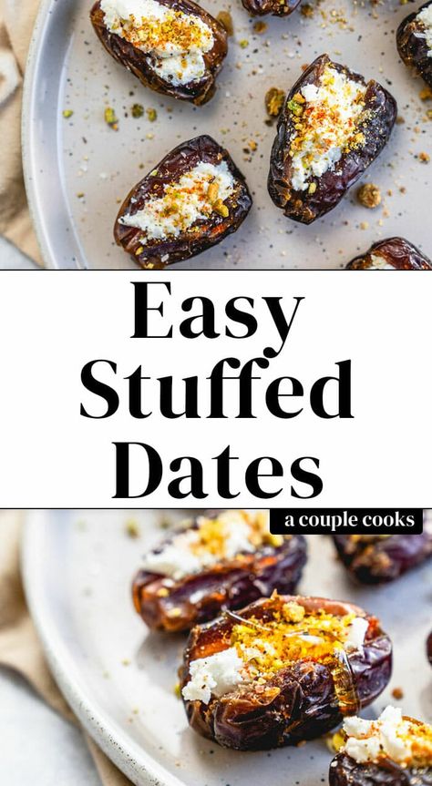 Here's an easy finger food recipe: goat cheese stuffed dates! They're quick to make, and the sweet and savory combo keeps everyone coming back for more. #dates #stuffed #vegetarian #fingerfood #party #appetizer Appetizer Recipes No Cheese, Dates And Goat Cheese, Goat Cheese Stuffed Dates, Cheese Stuffed Dates, Dates Stuffed, Easy Finger Food, Stuffed Dates, No Cook Appetizers, Fingerfood Party