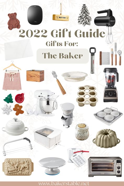 Whether you're shopping for someone just getting started baking or a seasoned pro, you are sure to find something special in this holiday gift guide! From standard tools to speciality equipment, there's just a little bit of everything that is essential in a bakers kitchen. Baker Gift Basket Ideas, Gift Ideas For Bakers, Baking Kit Gift, Baking Gift Basket, Gifts For Bakers, Baker Gifts, Bakers Table, Bakers Kitchen, Baking Equipment