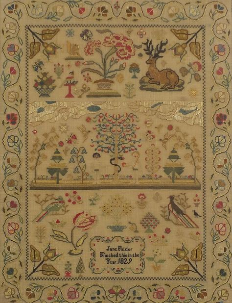 19th century needlework sampler by Jane Faldor embroidered with animals and flowers, framed and g Animals And Flowers, N Gauge, Antique Samplers, Illuminated Manuscripts, Decorative Borders, Illuminated Manuscript, Model Trains, Online Auctions, 18th Century